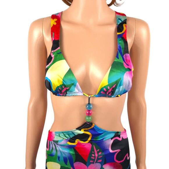 For Love & Lemons Midi Dress Silk Blend Floral Cut Out Colorful Retro Tropical - Picture 2 of 14